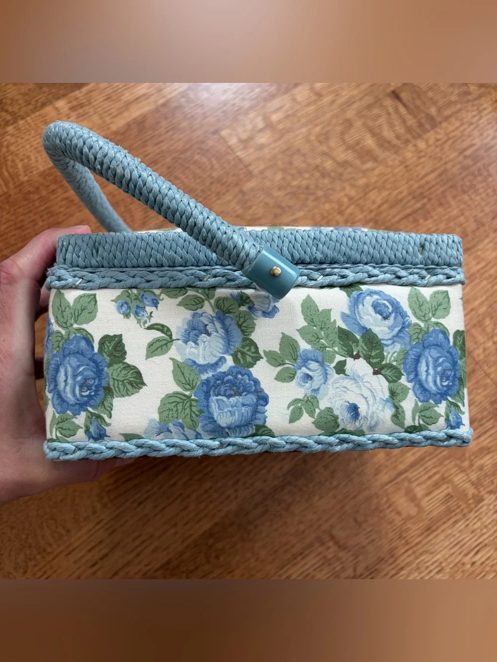 Vintage Floral Quilted Fabric Sewing Box Basket Blue Cottagecore Country Chic